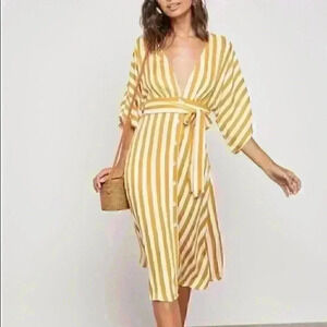 Mustard and White Striped Empire waist Midi Dress Medium Forever 21